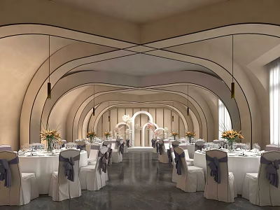 Elegant Modern Banquet Hall With Arched Design Chandeliers White Tables Purple Bows And Flower Arrangements 3d model