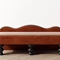 Modern Orange Velvet Bench With Backrest And Black Spherical Legs On Wooden Floor