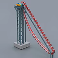 Industrial Equipment With Blue Green Motor Yellow Component And Red Bucket Conveyor On Gray Frame