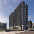 Modern Multiple Office Buildings With Glass Curtain Walls At Waterfront in Evening With Water Reflections