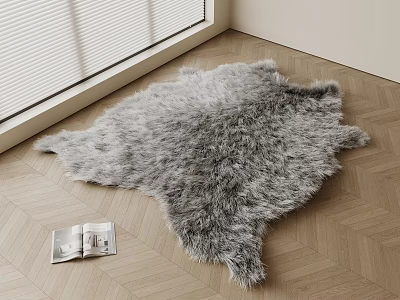 Gray Furry Shaped Rug On Wooden Floor With Open Magazine And Window Blinds 3d model