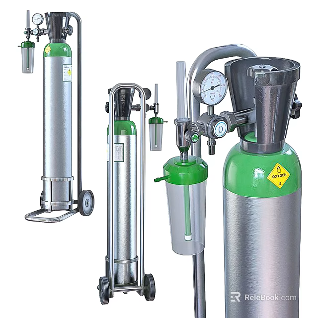 Portable Green And Silver Oxygen Therapy Medical Devices With Pressure Gauge And Wheeled Cart 3d model 
