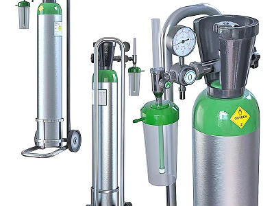 Portable Green And Silver Oxygen Therapy Medical Devices With Pressure Gauge And Wheeled Cart 3d model