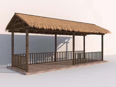 Outdoor Pergola With Thatched Roof Wooden Railing Posts And Structure 3d model