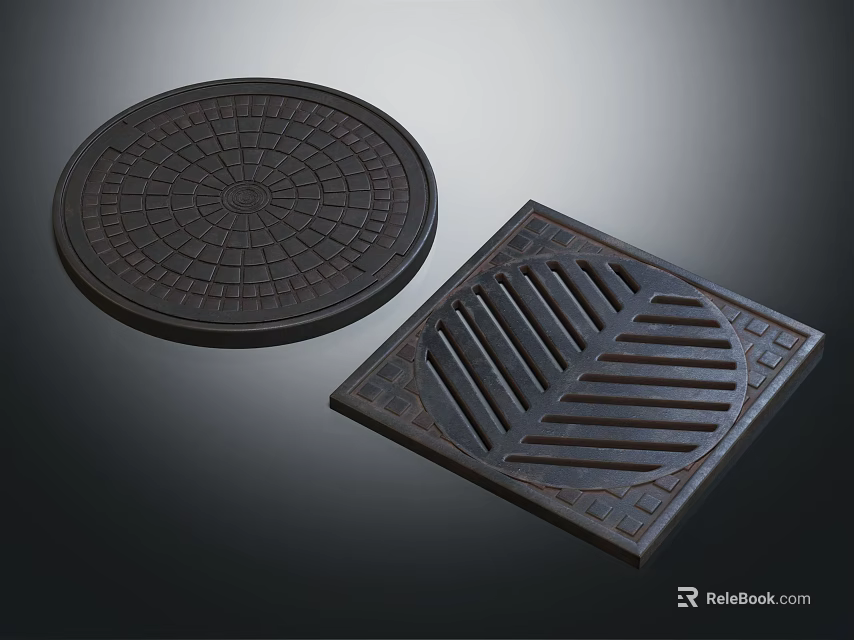 Round and Square Cast Iron Manhole Covers With Patterned And Slotted Designs 3d model 