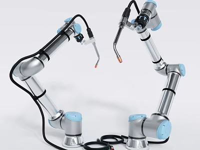 Industrial Equipment Robotic Arms With Silver Blue Design And Operational Cables 3d model