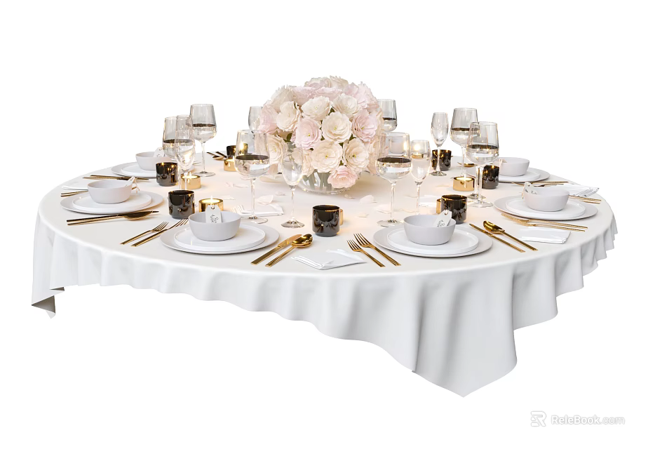 Elegant Tableware Set For Round Dining Table With White Tablecloth And Flower Bouquet 3d model 