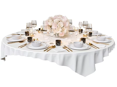 Elegant Tableware Set For Round Dining Table With White Tablecloth And Flower Bouquet 3d model