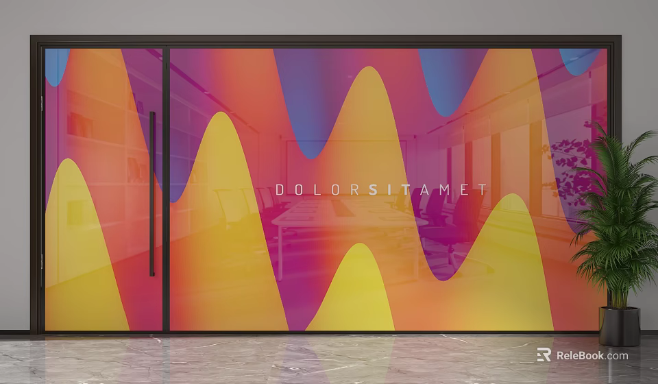 Glass Partition With Colorful Wavy Patterns In Modern Office Interior 3d model 