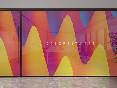 Glass Partition With Colorful Wavy Patterns In Modern Office Interior 3d model