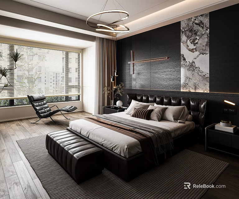 Modern Bedroom Interior With Black Leather Headboard Window Blinds Wooden Floor And Decorative Painting 3d model 