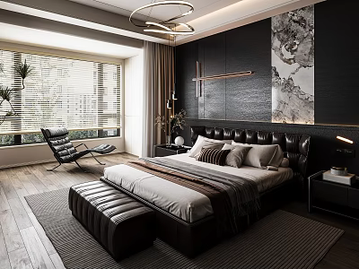 Modern Bedroom Interior With Black Leather Headboard Window Blinds Wooden Floor And Decorative Painting 3d model