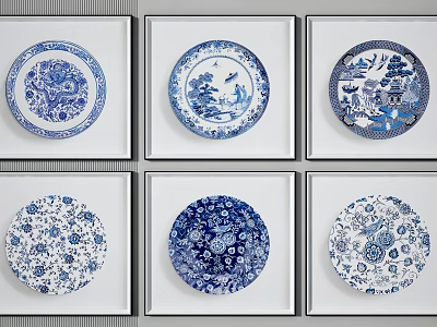 Framed Blue And White Porcelain Plates As Wall Decor With Traditional Patterns 3d model