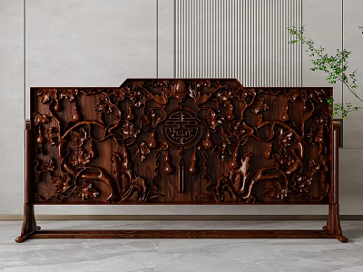 Intricately Carved Dark Wooden Partition With Traditional Patterns And Fortune Character In Modern Interior 3d model