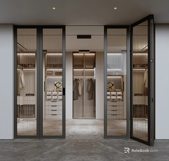Glass Folding Doors In Modern Walk-in Closet Interior With Hanging Areas And Storage Drawers 3d model 