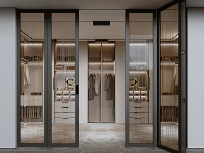 Glass Folding Doors In Modern Walk-in Closet Interior With Hanging Areas And Storage Drawers 3d model