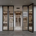 Glass Folding Doors In Modern Walk-in Closet Interior With Hanging Areas And Storage Drawers