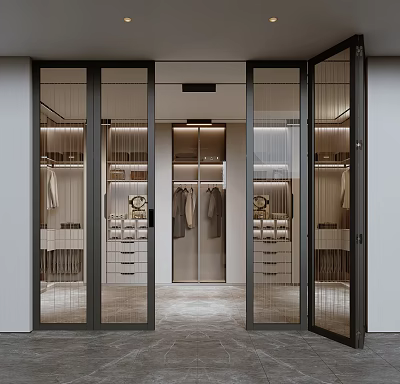 Glass Folding Doors In Modern Walk-in Closet Interior With Hanging Areas And Storage Drawers 3d model