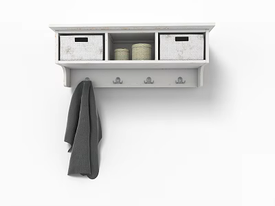 White Wall Cabinet With Woven Drawers Small Jars Hooks And Gray Towel 3d model