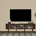Wooden TV Stand with Glass Doors Flat Screen TV Table Lamp Books and Potted Plant