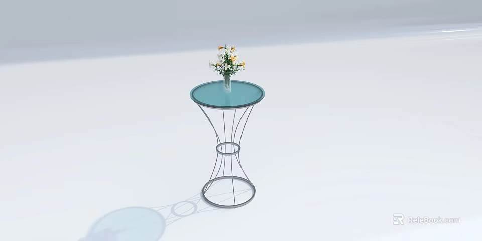 Round Glass Table With Metal Base And Glass Vase Holding Yellow White Flowers 3d model 