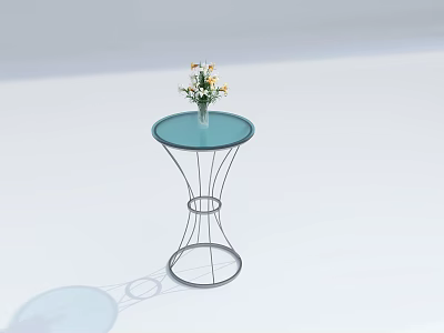 Round Glass Table With Metal Base And Glass Vase Holding Yellow White Flowers 3d model
