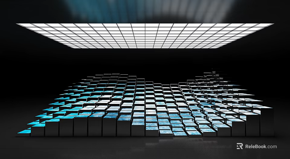 Illuminated Cubes Geometric Arrangement With Grid Ceiling Light And Black Background 3d model 