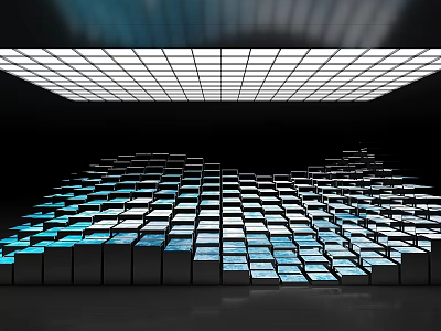 Illuminated Cubes Geometric Arrangement With Grid Ceiling Light And Black Background 3d model