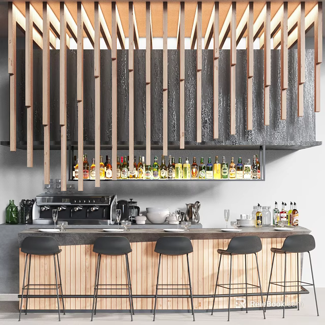 Modern Bar Setup With Hanging Wooden Strips Above Counter Bottles Coffee Machine And Black Stools 3d model 
