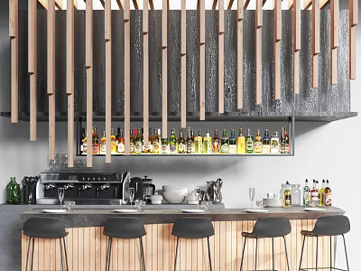 Modern Bar Setup With Hanging Wooden Strips Above Counter Bottles Coffee Machine And Black Stools 3d model