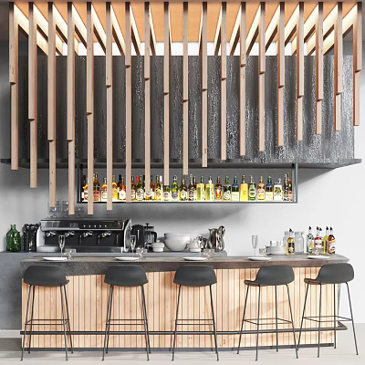 Modern Bar Setup With Hanging Wooden Strips Above Counter Bottles Coffee Machine And Black Stools 3d model
