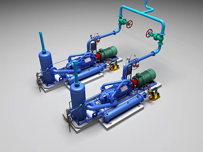 Industrial Equipment Setup with Blue Pumps Connected Pipes Valves and Motors 3d model