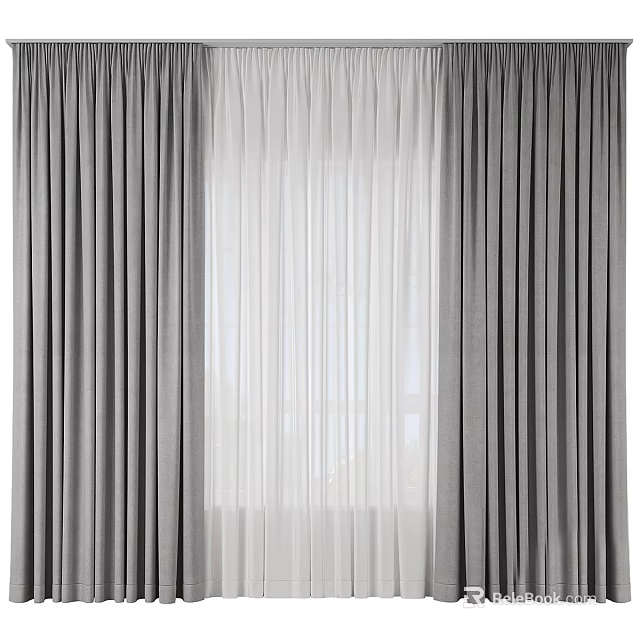 Modern Gray Heavy Curtains With White Sheer Panels And Window View 3d model 