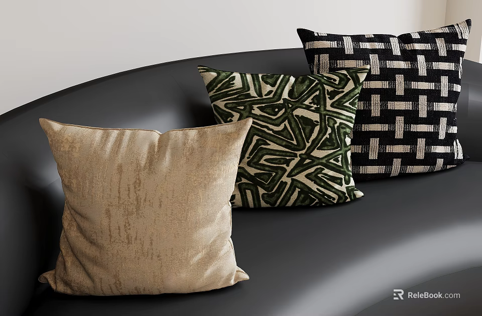 Stylish Decorative Pillows With Beige Green Black And Woven Patterns On Sofa 3d model 