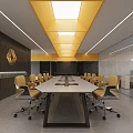Modern Conference Room With Long Table Yellow Chairs Black Walls Ceiling Lights And Glass Partitions