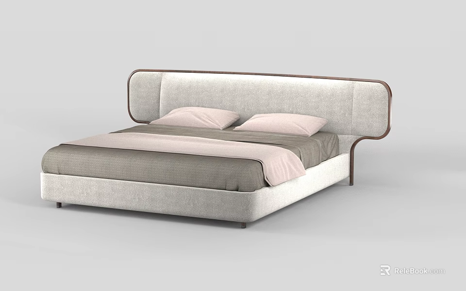 Modern Double Bed With Upholstered Gray Headboard Light Gray Bedspread And Pink Pillows 3d model 