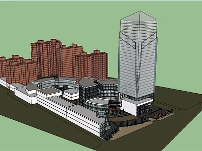 Modern Tall Office Building Surrounded by Multistory Residential Buildings and Commercial Podium in Urban Complex 3d model