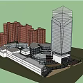 Modern Tall Office Building Surrounded by Multistory Residential Buildings and Commercial Podium in Urban Complex