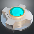 3D Rendered Tech Sphere Installation With Golden Rim And White Geometric Base