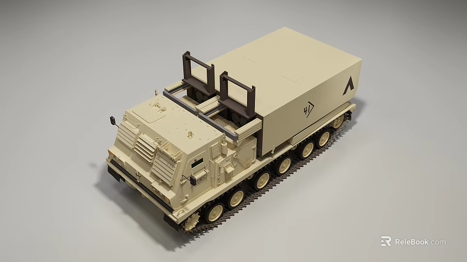Beige Functional Vehicle with Multiple Wheels and Metal Frame on Top for Transport 3d model 
