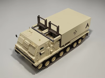 Beige Functional Vehicle with Multiple Wheels and Metal Frame on Top for Transport 3d model