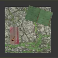 Garden Scene With Green Wooden Shed Pink Table And Orange Decor On Mossy Stone Ground