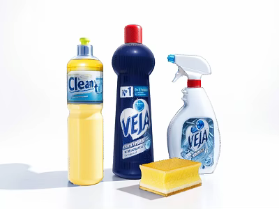 Essential Bathroom Small Accessories With Cleaning Detergent Spray Bottle And Sponge 3d model