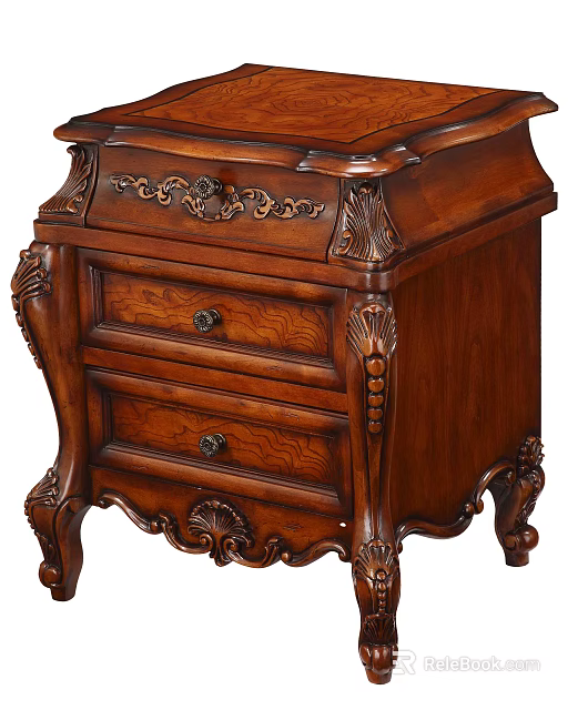 Antique Wooden Nightstand with Carved Details Drawers and Ornate Legs 3d model 