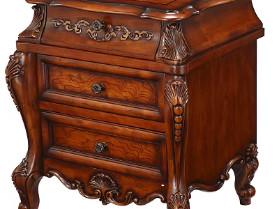 Antique Wooden Nightstand with Carved Details Drawers and Ornate Legs 3d model