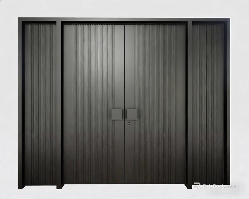 Modern Black Double Front Door With Vertical Stripes Textured Surface And Metal Hardware 3d model 