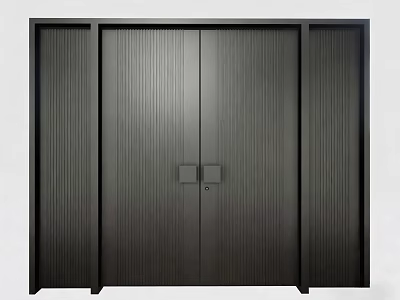 Modern Black Double Front Door With Vertical Stripes Textured Surface And Metal Hardware 3d model
