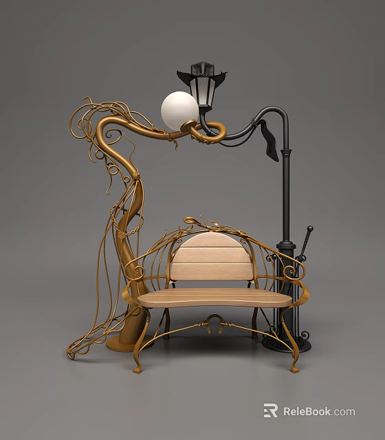 Unique Public Bench With Golden Vine Metal Frame Wooden Seat And Black Street Lamp 3d model 