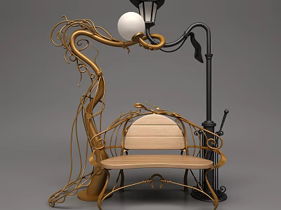 Unique Public Bench With Golden Vine Metal Frame Wooden Seat And Black Street Lamp 3d model