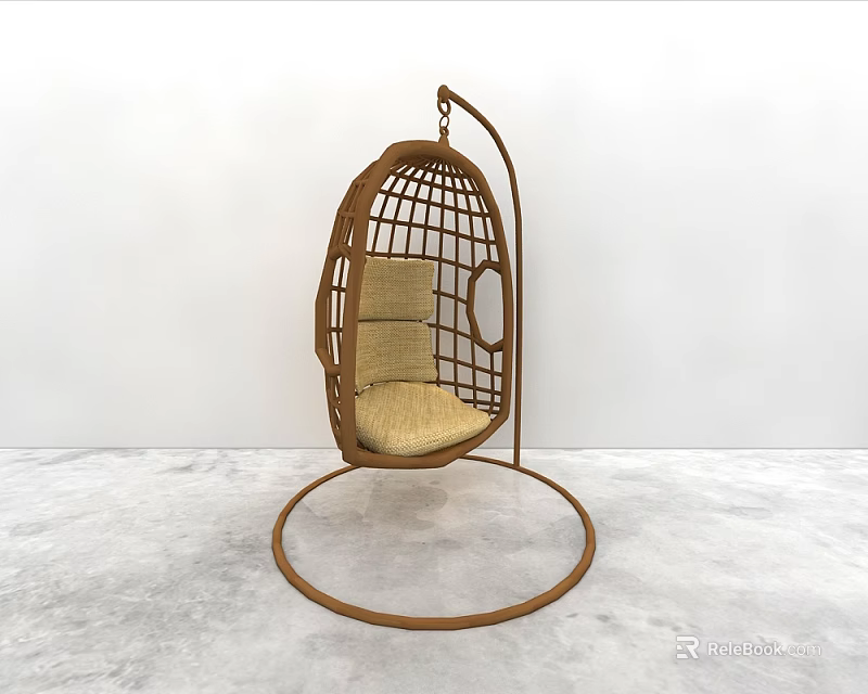 Stylish Rattan Hanging Chair With Brown Frame Circular Base And Beige Cushion 3d model 